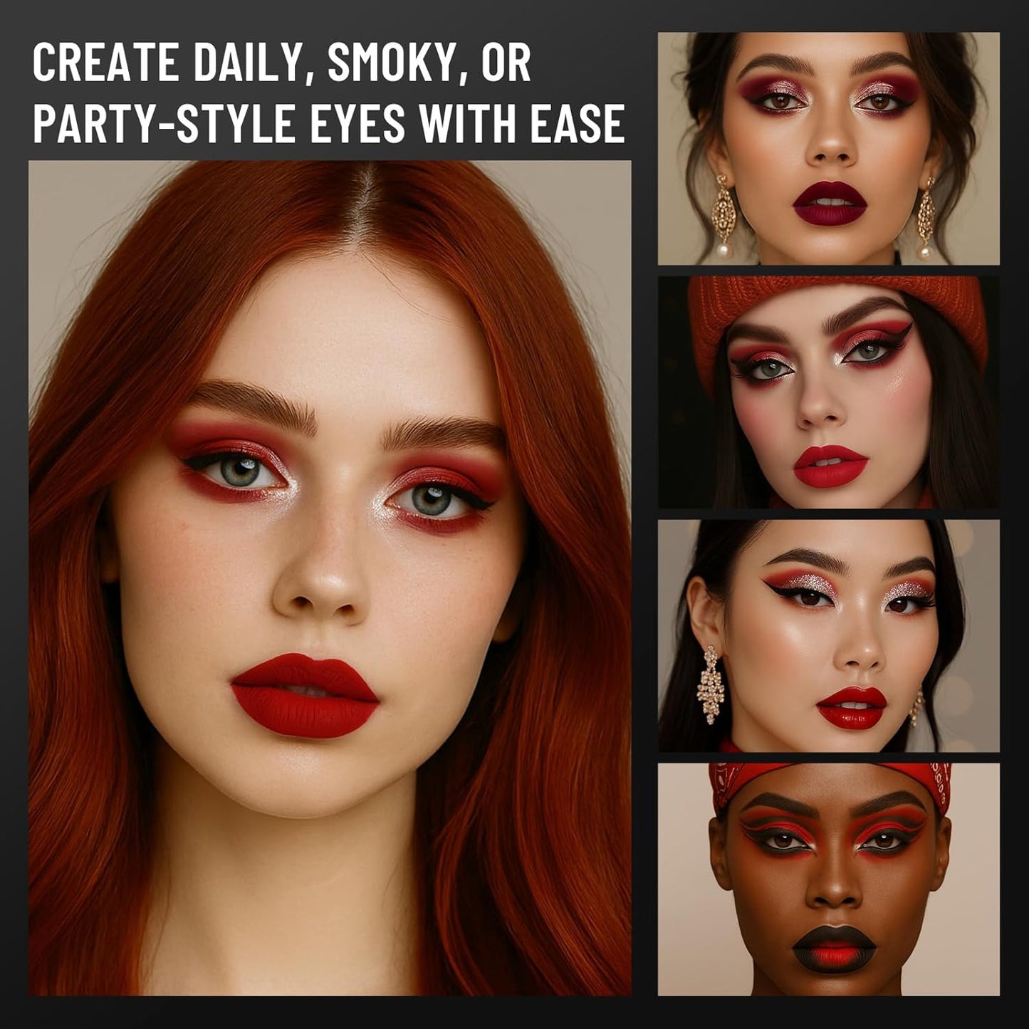 Red Eyeshadow Palette with Mirror Sliver Red Black Tones Matte Shimmer 6 Colors Mini Eye Shadow Pallet Travel Size Highly Pigmented for Joker Vampire Clown Goth Halloween Christmas Makeup