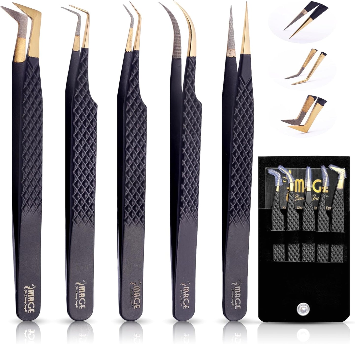 5 Pcs Fiber-Tip Japanese Steel Lash Tweezer Set with Leather Case, Professional Eyelash Tweezers for Lash Extensions – Titanium Coated, 90 & 45 Angled, Precision Pointed Tweezers (MATT BLACK)