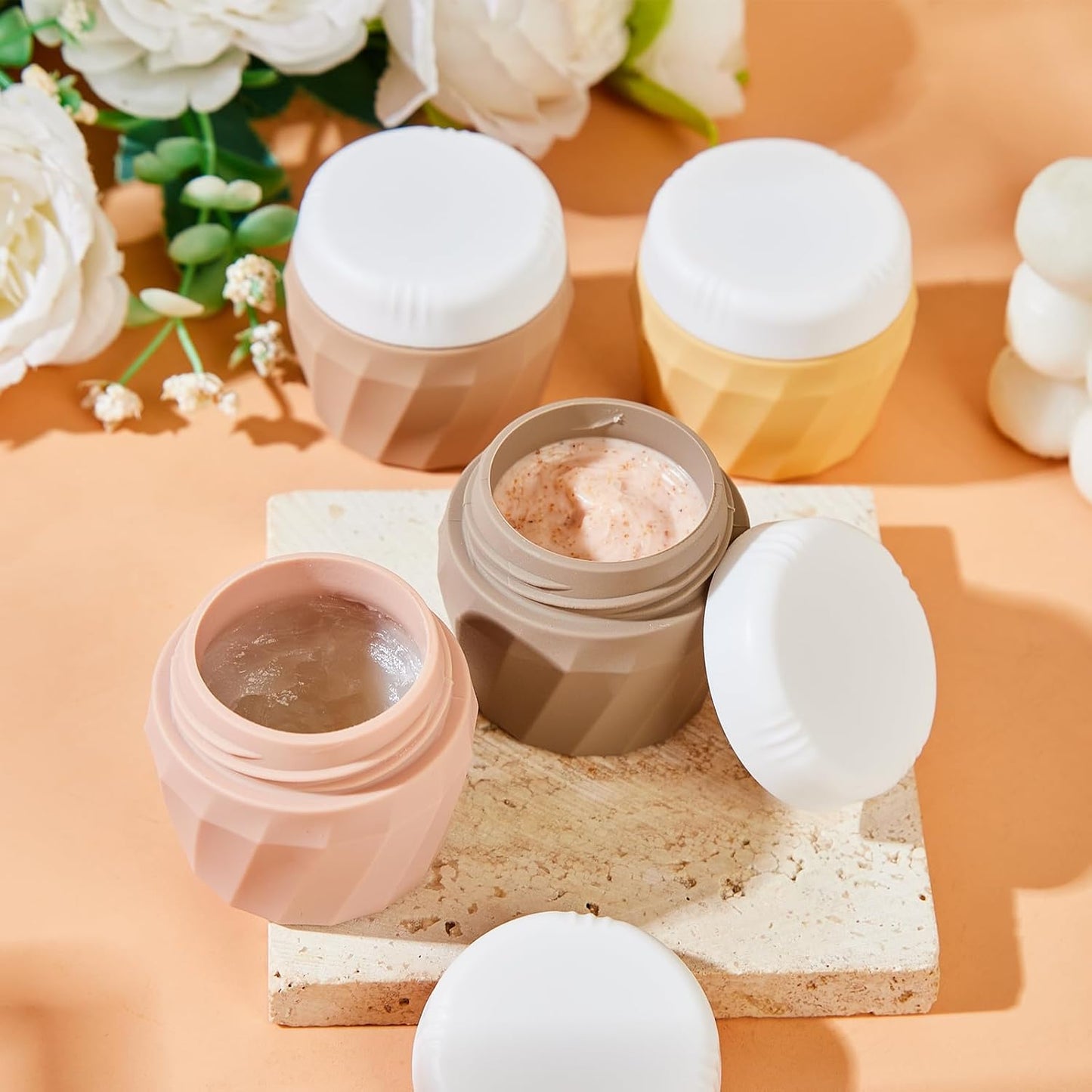 Travel Containers for Toiletries, Premium Silicone Cosmetic Cream Jars, TSA Approved Leak-Proof Refillable Travel Size Toiletries with Clear Bag for Cosmetic Face Body Cream (Apricot, 1OZ)