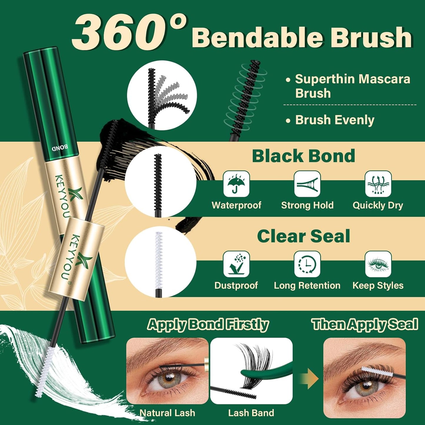 KEYYOU DIY Lash Extension Kit 300pcs 80D D Curl Soft Lash Clusters Easy to Apply with Lash Bond and Seal Applicator and Remover Eyelash Extension Kit at Home(RMkit-80D-D-9-18mix)
