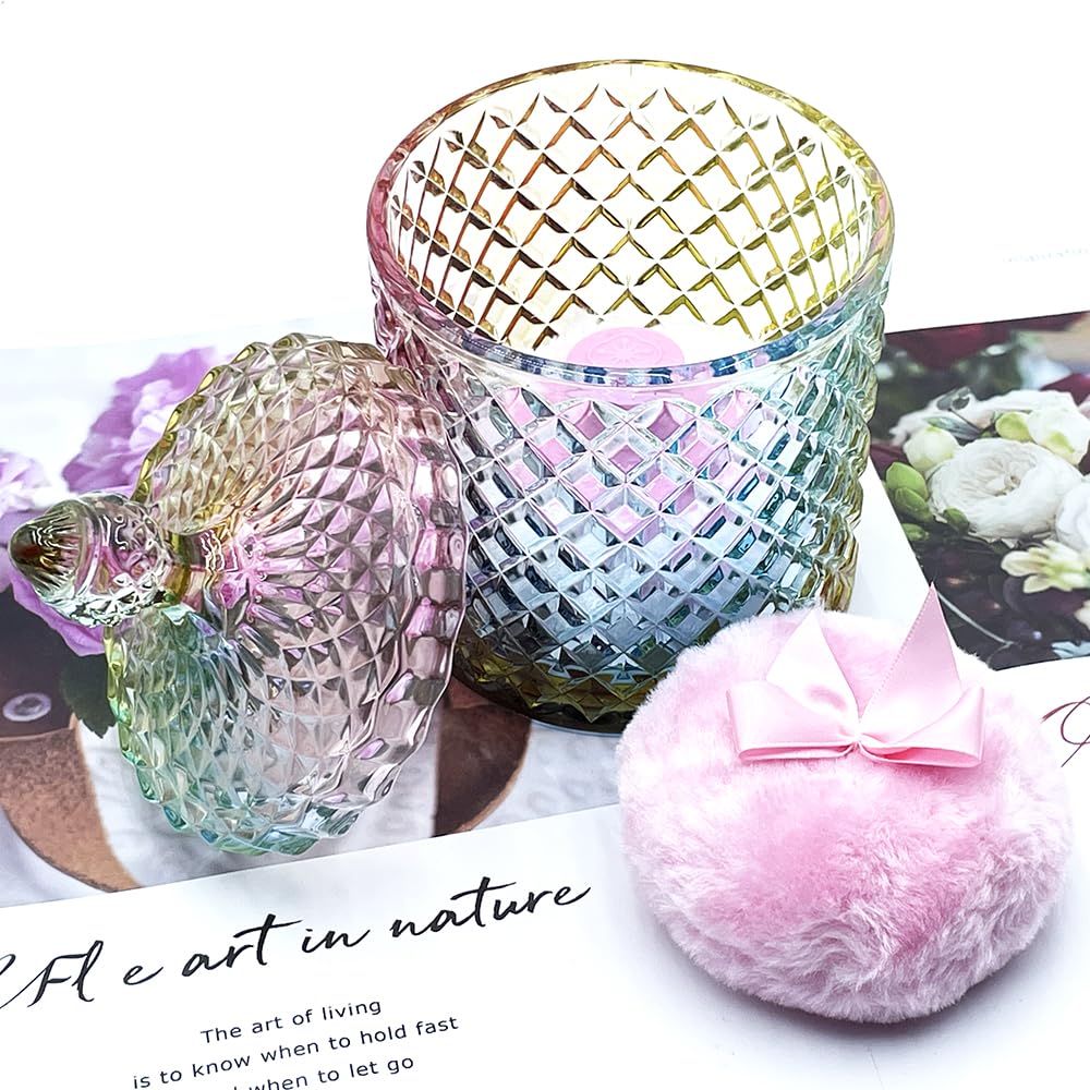 Luxury 4.2 Inch Glass Powder Container with 2 Plush Puffs｜Non-Sealed Refillable Organizer for Body Powder&Makeup｜Setting Powder Applicator w/Loose Powder Storage(Pointed Cylinder-Colorful-Large)