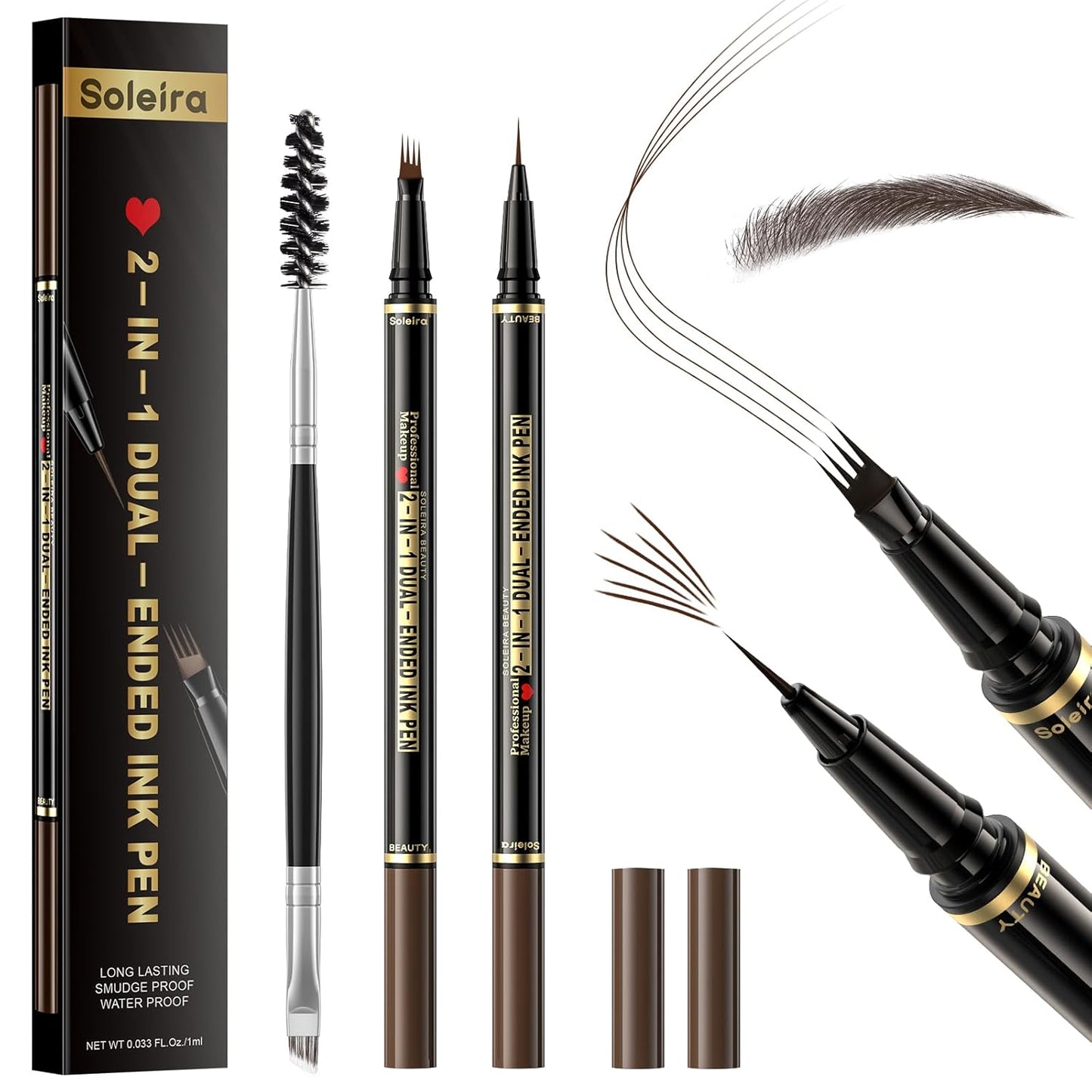 Waterproof Eyebrow Pencil with 4 Tip Microblading Pen and Dual-ended Brush, for Natural-Looking Brows, Long-Lasting, Black Brown