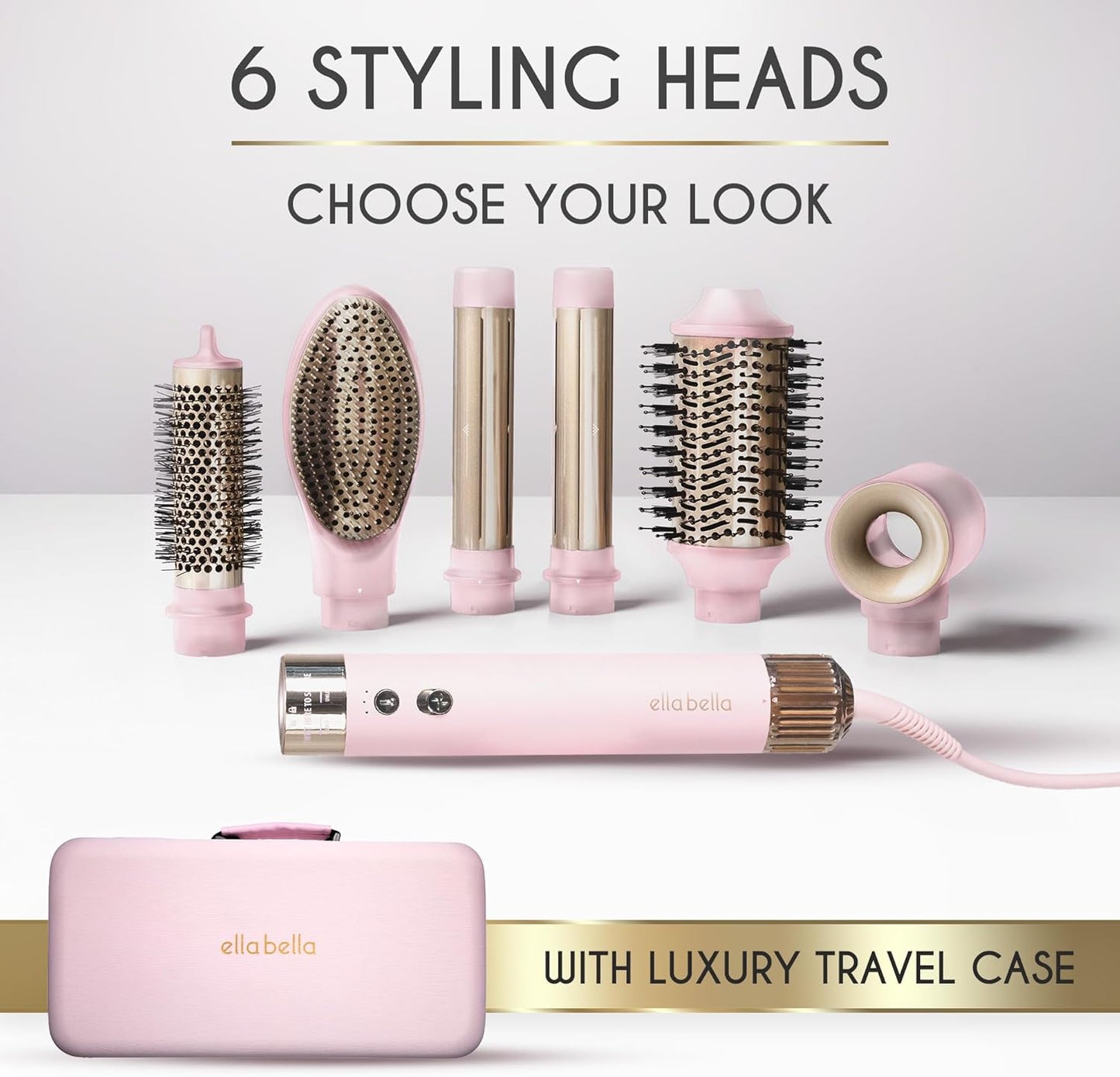 ELLA BELLA® 6 in 1 Professional Hot Air Styler • Powerful Hair Dryer & Straightener Set • Styling Without Heat Damage • Fast Drying Curling Volumizing Straightening • Protective Travel Case (Pink)