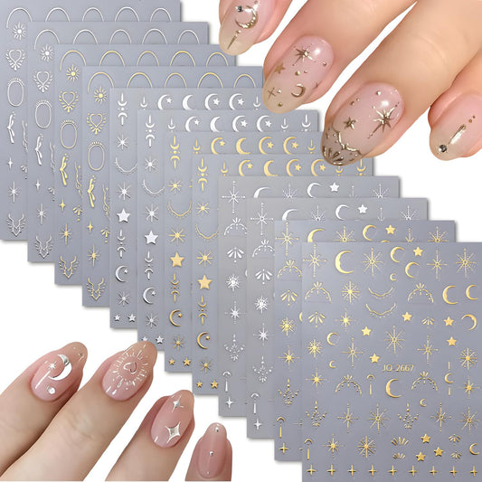 12 Sheets Silver Gold Moon Star Nail Art Stickers - 3D Self Adhesive Decals for Design and Decoration - Supplies Accessories for Women