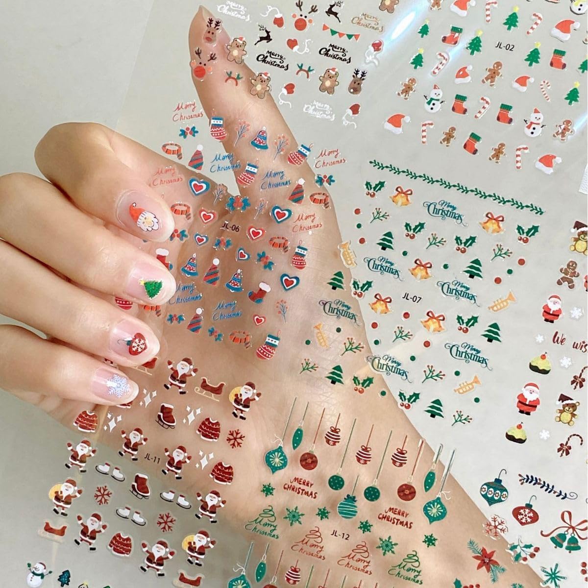 30 Pcs Christmas Nail Sticker 3D Self- Adhesive Nail Decals with Cute Penguin Deer Snowman Snowflake Elk Santa Claus Design Xmas Nail Art Stickers for Women Winter Holiday Nail Sticker(Christmas)