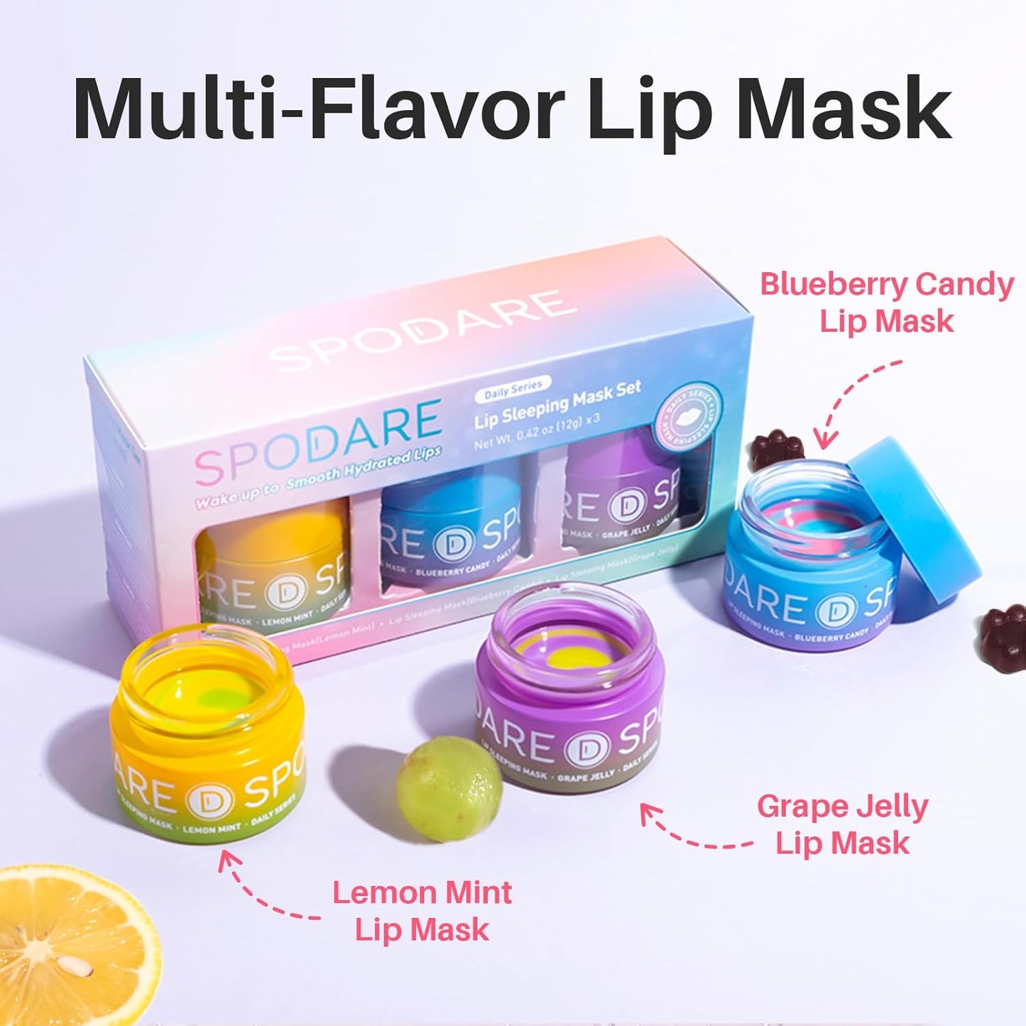 3-in-1 Dual-Color Sleeping Lip Mask Set – Blueberry, Grape and Lemon, Hydration & Repair for Dry Cracked Lips, Infused with Vitamin C, Lip Moisturizer for Nourishing Lips, 1.26 Fl Oz