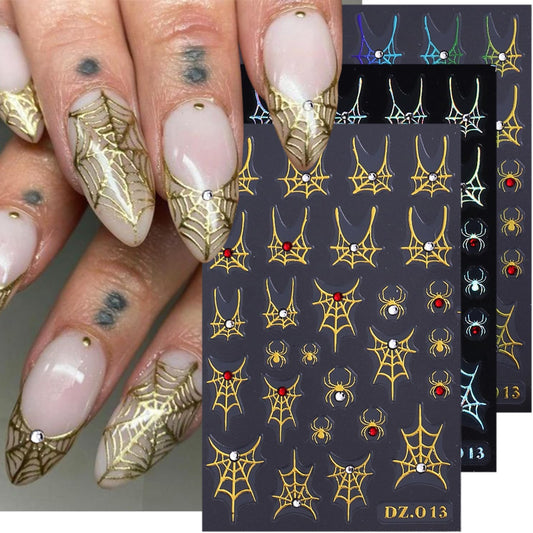 3 Sheets Spider Web Nail Stickers for Nail Art Gold Silver Halloween Nail Art Stickers Holographic Laser Spider Nail Decals With Diamond Designs 5D Self-Adhesive Scary Halloween Nail Sticker for Women