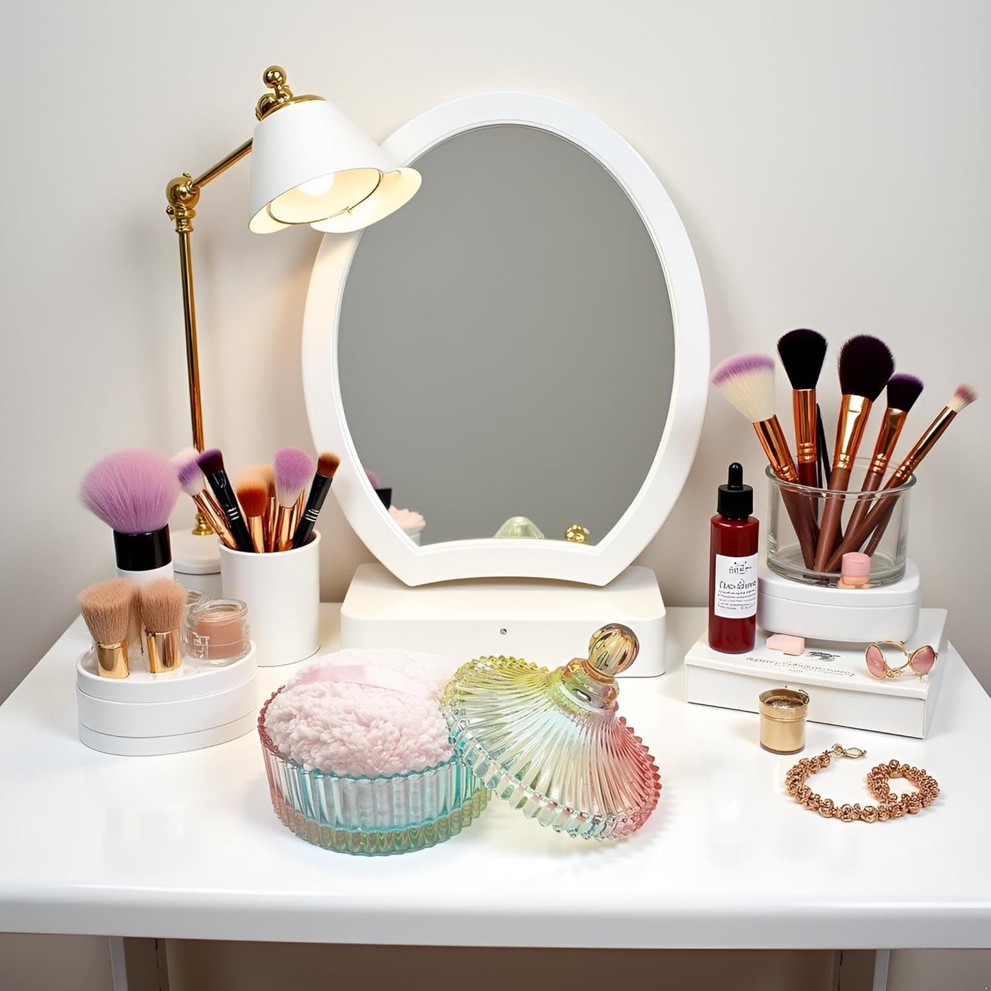 Extra Large Body Powder Puff and Container - Vintage Glass Dusting Powder Container with Soft Puff for Women & Girls (5.9x5.9x5.9 IN)-GRB010-Colorful-A