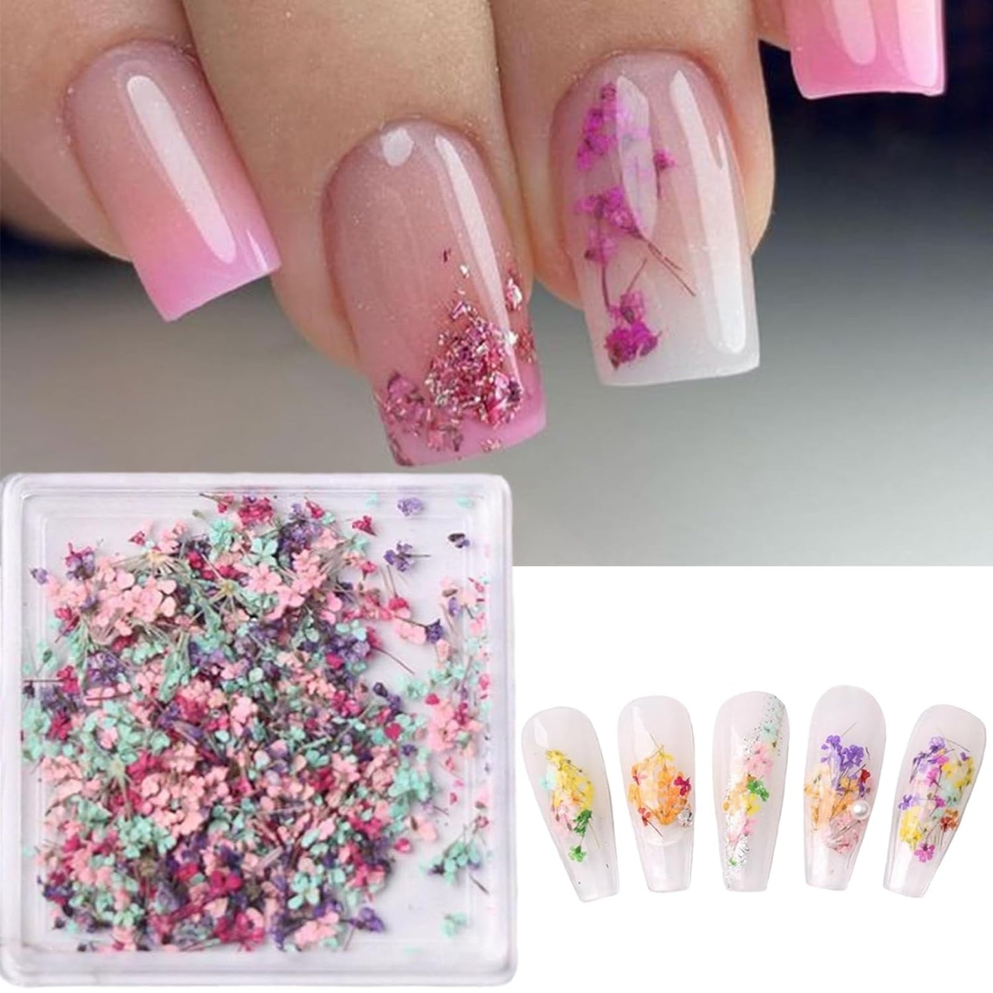 1Box Dried Flowers Nail Art Stickers 12 Colors Dry Flowers Mini Real Natural Flowers Nail Decals 3D Gypsophila Floral Nail Sticker for Women Manicure Decoration Makeup DIY Accessories