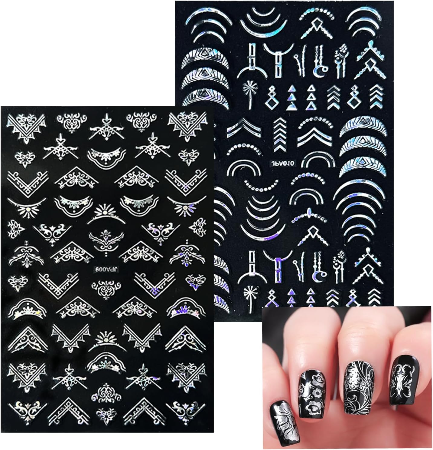 10 Sheets Flower Nail Stickers Silver 3D Self-Adhesive Leaf Art Designs Holographic Laser Manicure Accessories, Style6