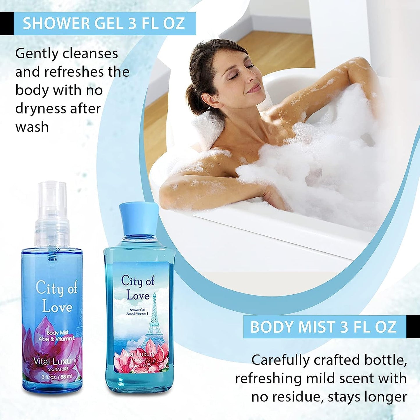 Bath & Body Kit - Body Lotion, Shower Gel, Body Cream, and Fragrance Mist, 3 Fl Oz each, in City of Love, Ideal Skincare Gift Home Spa Set for luxurious indulgence