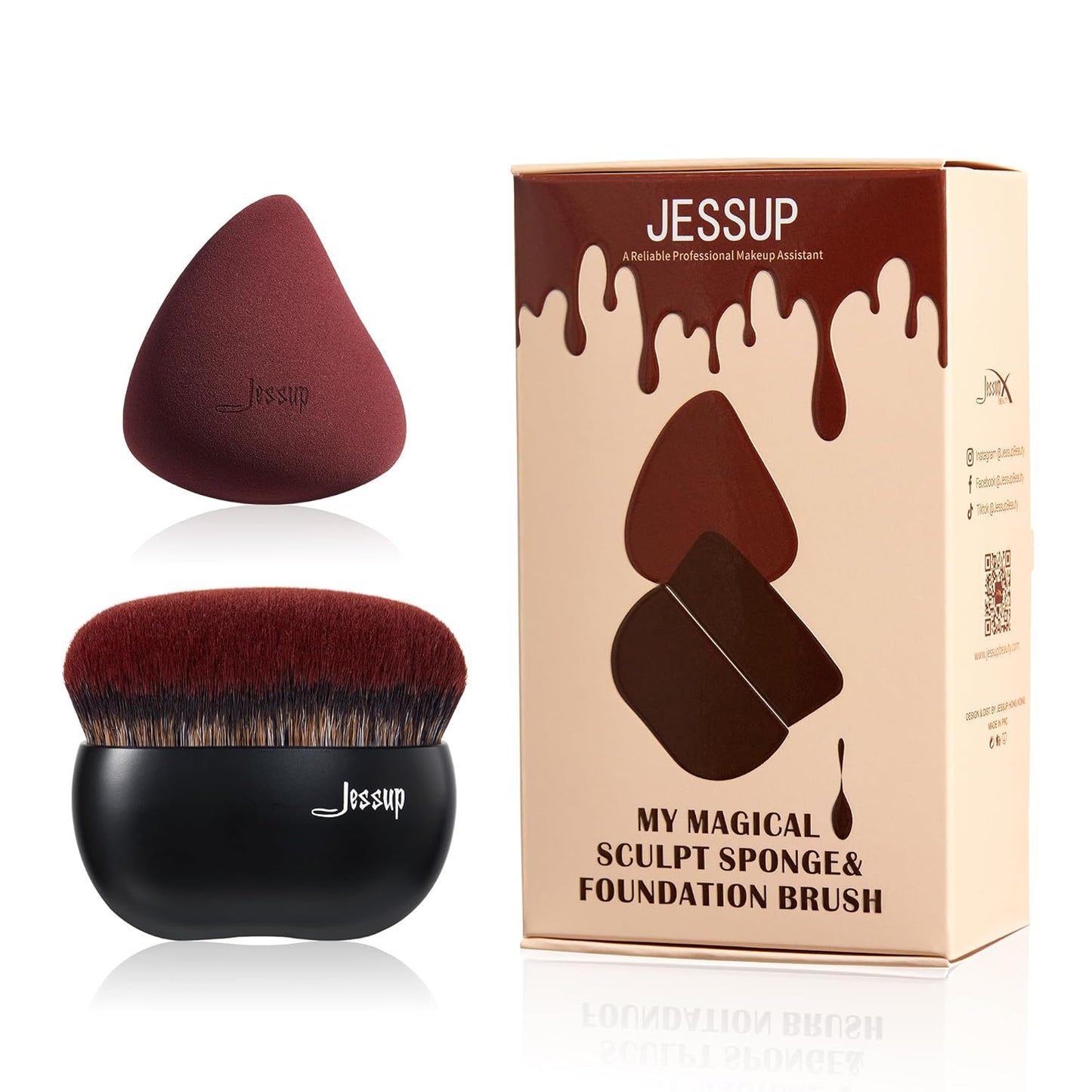 Jessup Foundation Brush with Makeup Sponge, Black Makeup Brush Flat Top Kabuki Brush for Liquid Blending Stippling, T881