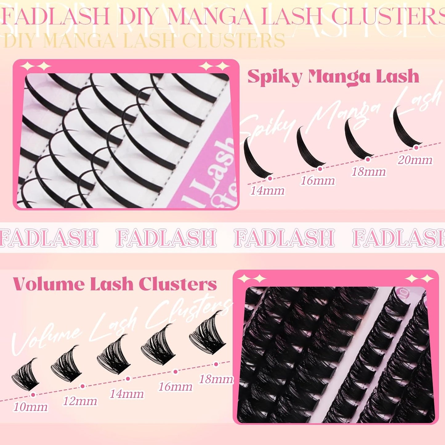 Lash Clusters 80D+100D Eyelash Clusters 10-18mm Spikes 14-20mm Thick Volum Manga Lashes with D Curl DIY Fairy Lash Clusters with Spikes by FADLASH