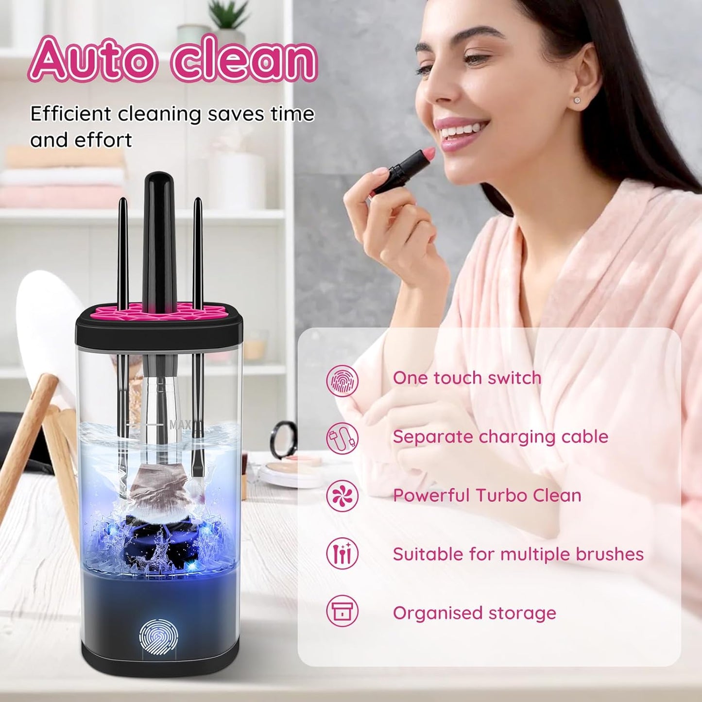 Electric Makeup Brush Cleaner Machine, Ultimate Efficient Automatic Cleaner for All Types of Makeup Brushes - Black Pink