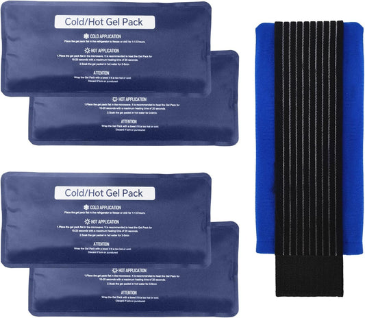 Reusable Gel Soft Ice Packs for Injuries, 4 Pack Flexible Hot and Cold Packs with Strap for Knees, Back, Face, Joint & Muscle Pain Relief (Small 4.33"x 9.45")