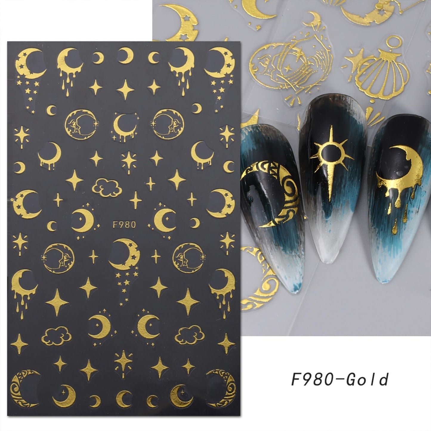 5 Sheets Metallic Gold Nail Art Stickers 3D Self-Adhesive Nails Stickers Bohemian Sun Moon Hexagram 3D Decal Supplies Women DIY Gold Metal Nail Art Decoration