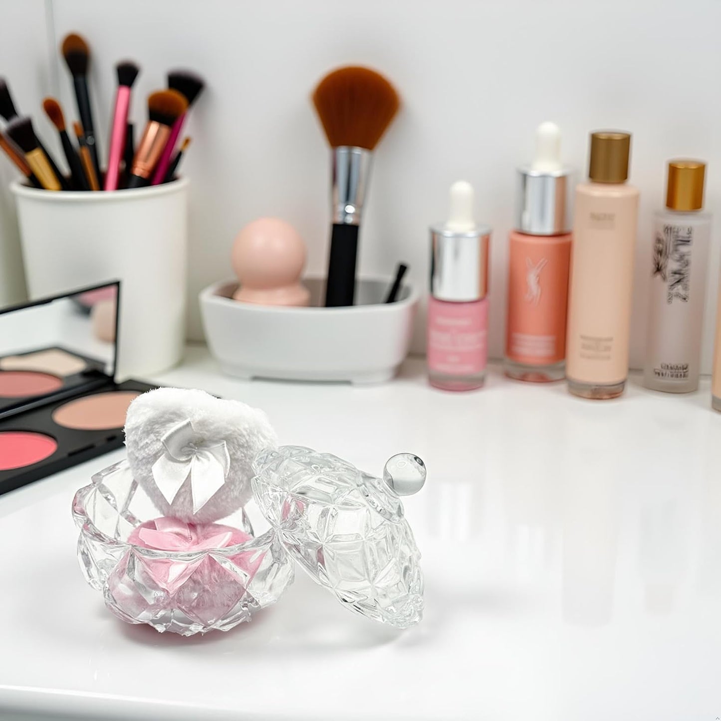 Body Powder Puff and Container - Glass Dusting Powder Container with 2 Soft Puffs Vintage Powder Puff Case for Women & Girls (3.94x3.94x4.53 H IN) - GRB012-Transparent