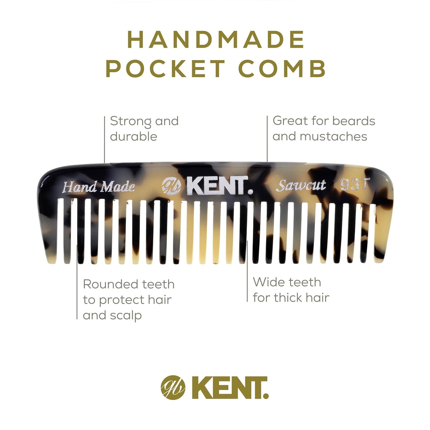 Kent 93T Tokyo White Beard Comb for Men - Wide Tooth Men's Comb, Ideal For Mustaches and Beards and Facial Hair, Small Pocket Sized Travel Detangler Combs, Saw-Cut, Hand Polished, Made in England