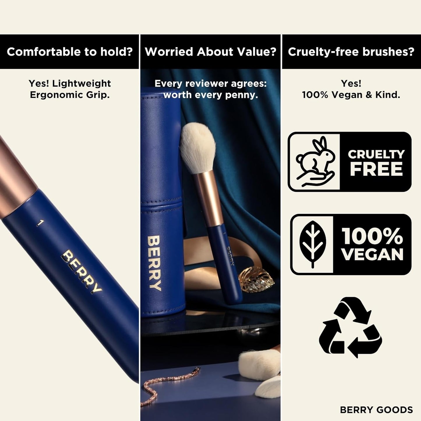 BERRY Blue Premium Makeup Brush Set – 12-Piece Professional Ultra-Soft Synthetic Brushes for Face & Eyes | Foundation, Powder, Blush, Concealer, Eyeshadow – Vegan, Cruelty-Free, Numbered, Travel Case