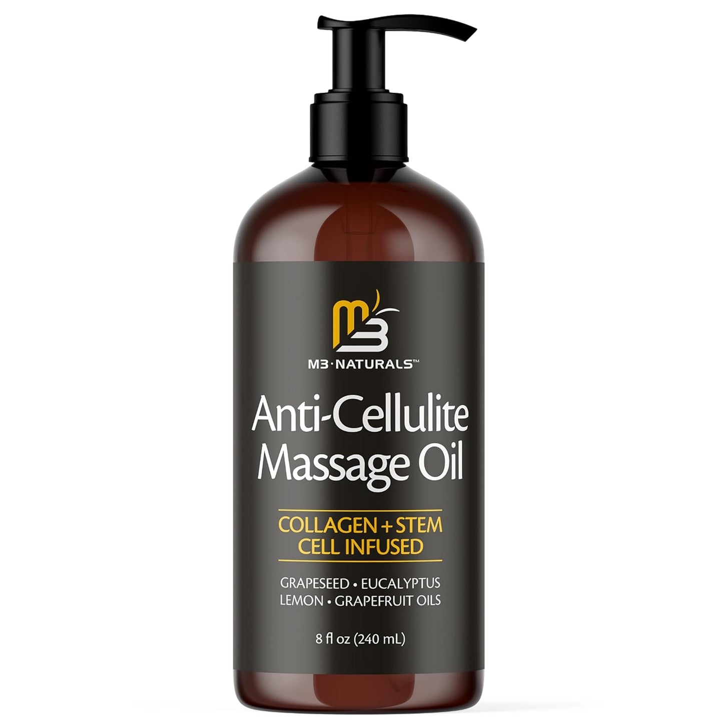 Anti Cellulite Massage Oil and Silicone Body Brush – Collagen and Stem Cell Skin Tightening Formula for Smoothing and Firming, 8 fl oz by M3 Naturals
