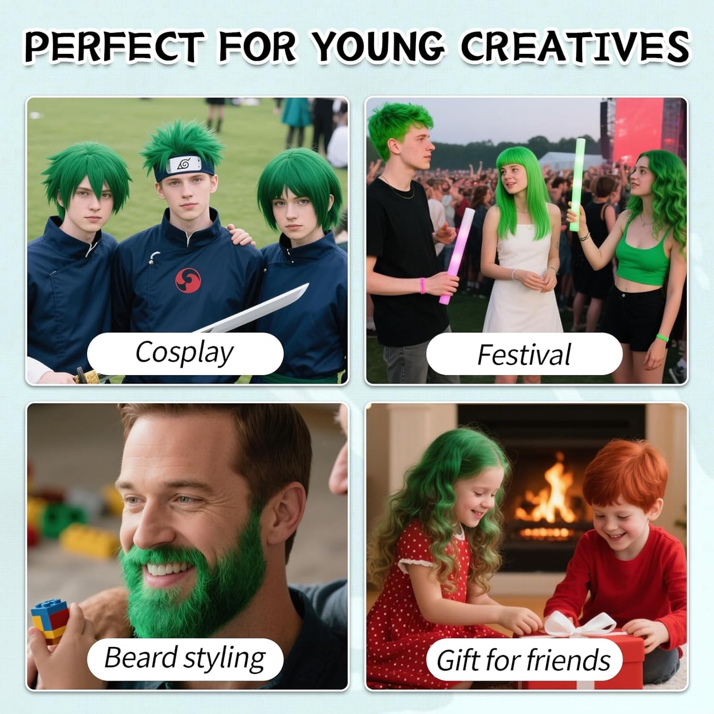 Temporary Green Hair Dye for Kids - Washable Color Suitable for Black & Brown Hair, Halloween Party Gift for Girls 7-12 Years Old