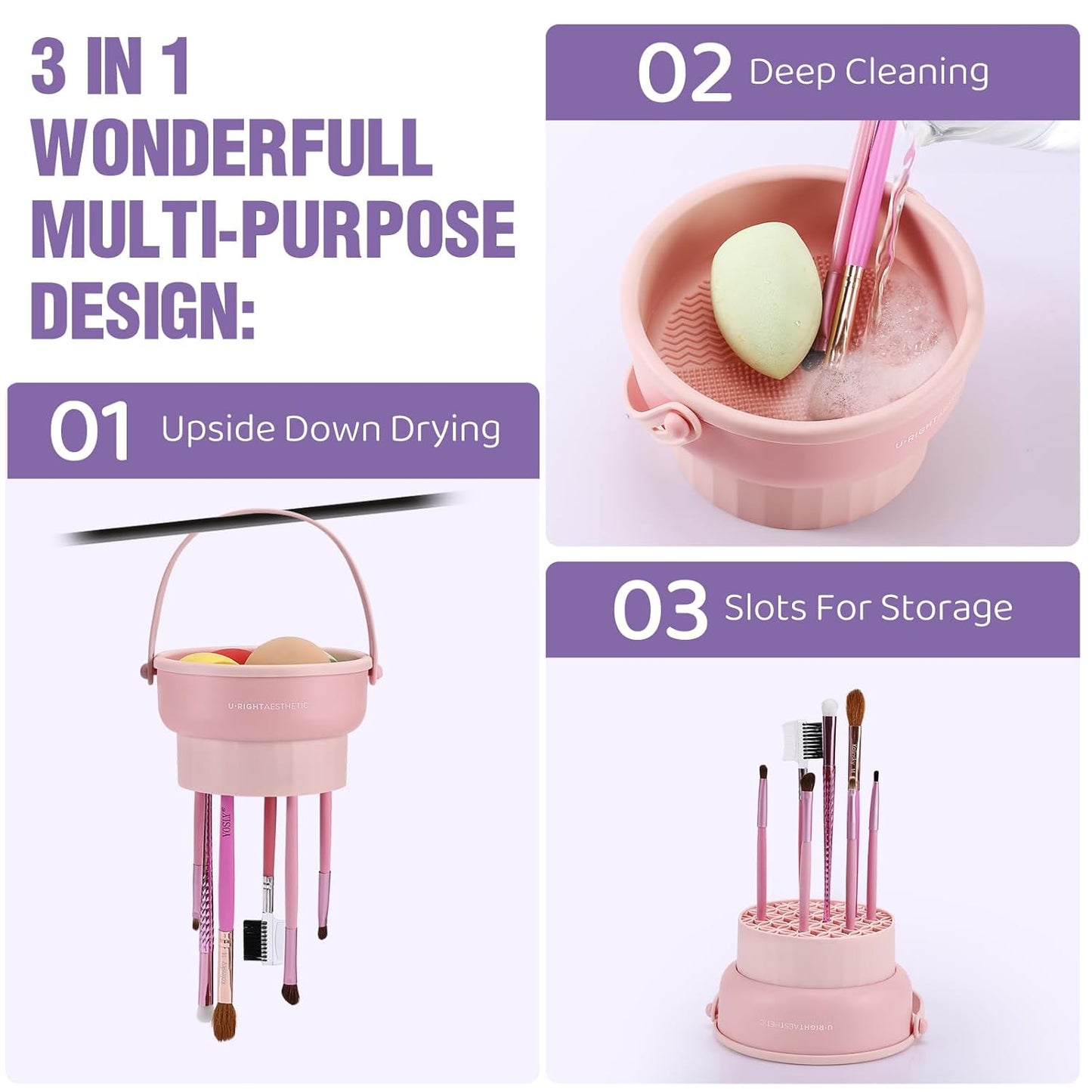 2 Pack Makeup Brush Cleaner Mat 3 in 1 Silicone Makeup Brush Cleaner Makeup Brush Cleaning Bowl Makeup Brush Sponge Scrubber Tool for Cleaning, Storage And Upside Down Drying(Two Purple)