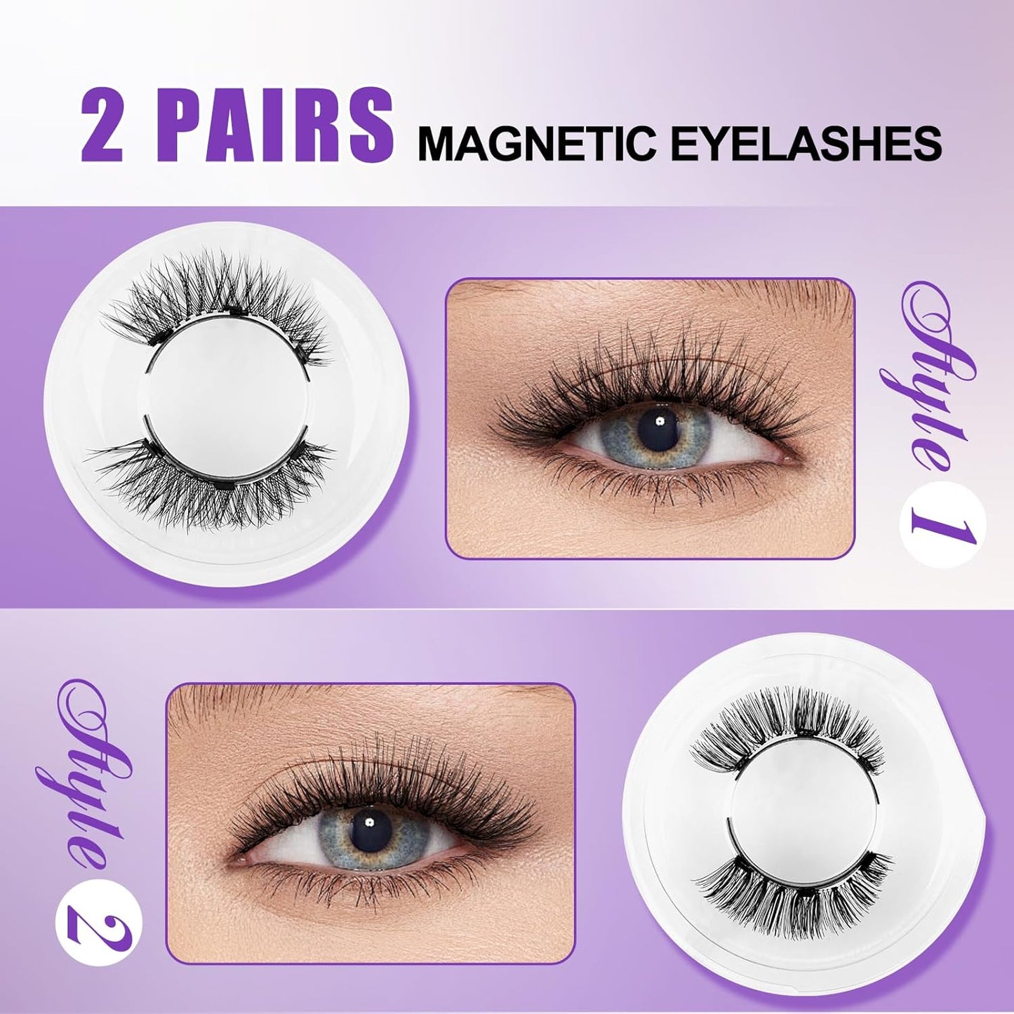 2-Pairs Magnetic Eyelashes Kit with Applicator: Natural Reusable Soft Waterproof False Lash, No Glue Needed, Wendy Lashes, A, K8+604