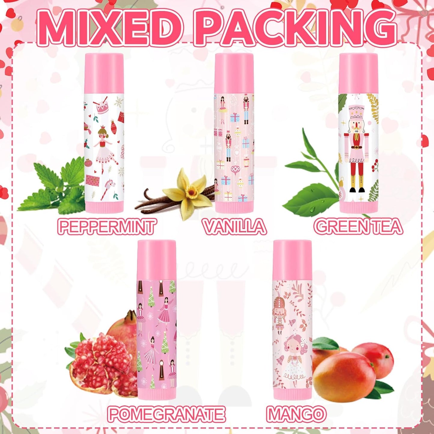 Dunzy 50 Pcs Christmas Lip Balm Gifts Bulk Pink Christmas Nutcracker Themed Lip Balm Xmas Lip Moisturize for Lip Care Xmas Holiday Party Stocking Stuffers, 5 Flavors