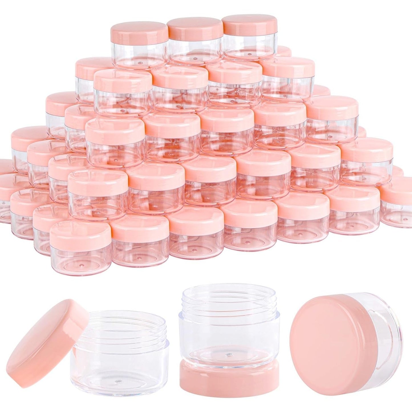 Refillable Cosmetic Sample Jars - 100 Pack 15g (0.5oz) Pink Small Travel Containers with Lids + 10 Mini Makeup Spatulas - BPA Free