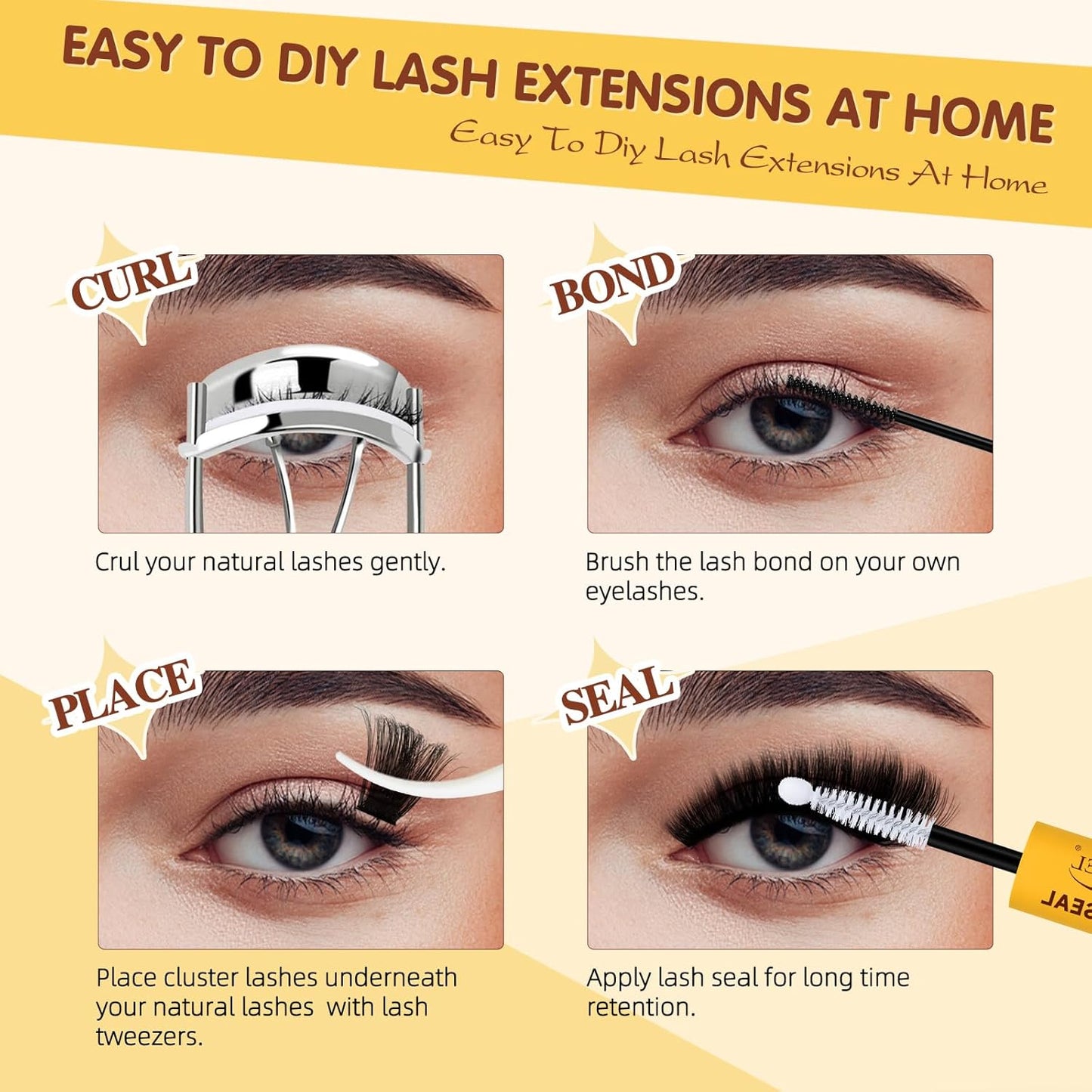 QUEWEL DIY Lash Extension Kit, 300pcs Cluster Lashes Mixed 10-20mm Lash Clusters Kit with Lash Bond and Seal Waterproof, Lash Applicator and Brush, DIY Lash Extensions at Home(200D RR-KIT)