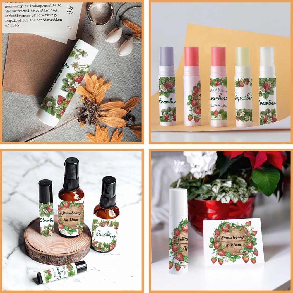 OLYCRAFT 100Pcs Self-Adhesive Lip Balm Tag Stickers 2.1x1.7 inch Waterproof Adhesive Label with Strawberry Rectangle Lipstick Tag Sticker for Lip Balm Container Tubes Lipstick Wrapping Decoration