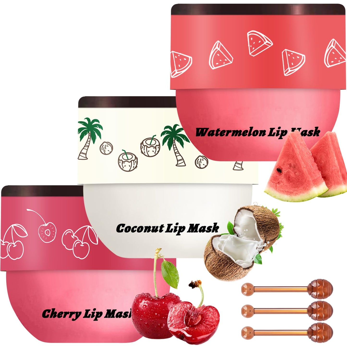 3 PCS Bee Lip Balm Lip Mask Honey Pot, Watermelon & Cherry & Coconut Lip Mask Propolis Moisturizing Lip, Hydrating Prevention Dry and Cracked Lip Scrubs Exfoliator (Watermelon & Cherry & Coconut)