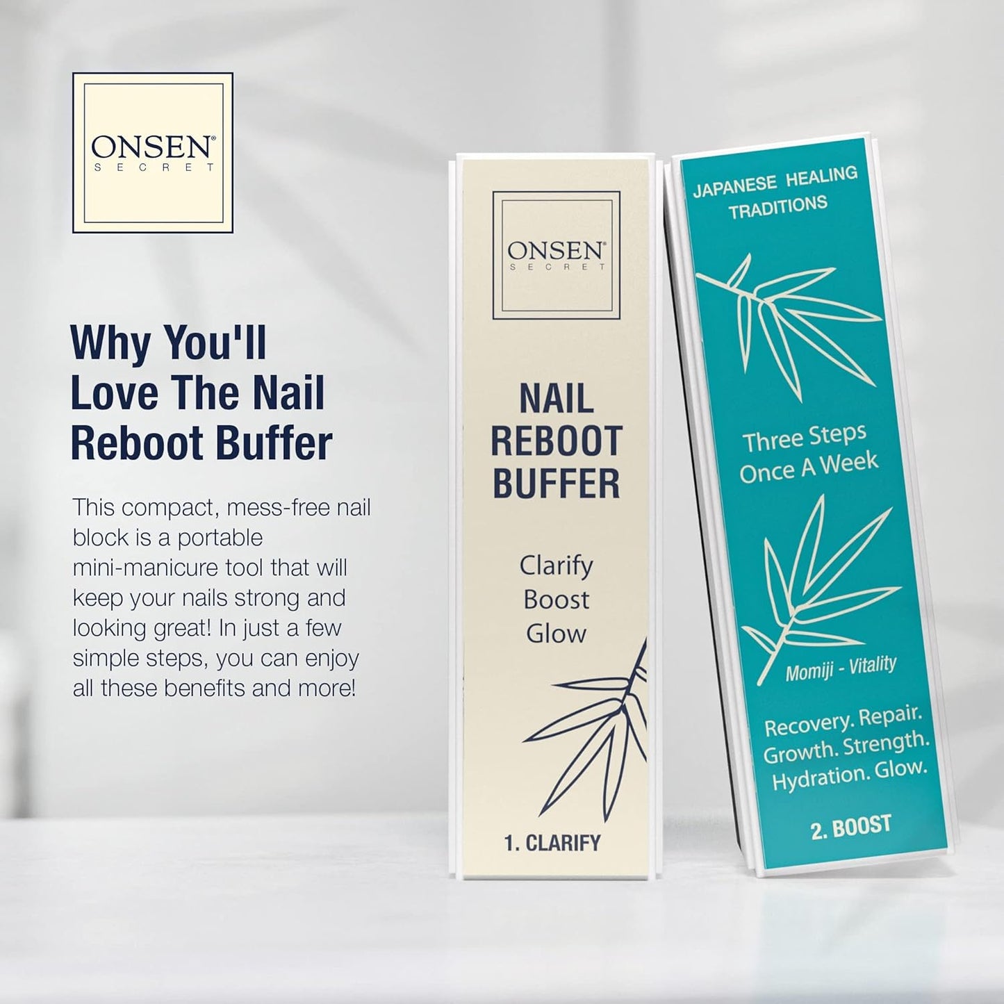 Onsen Japanese Nail File Buffer Sparkle-KIT 1.0, A Free 120/180 Grit Nail File,3-Way Buffer Block, Cuticle Serum with Cuticle Oil in Action-15ml, Optimum Care Series