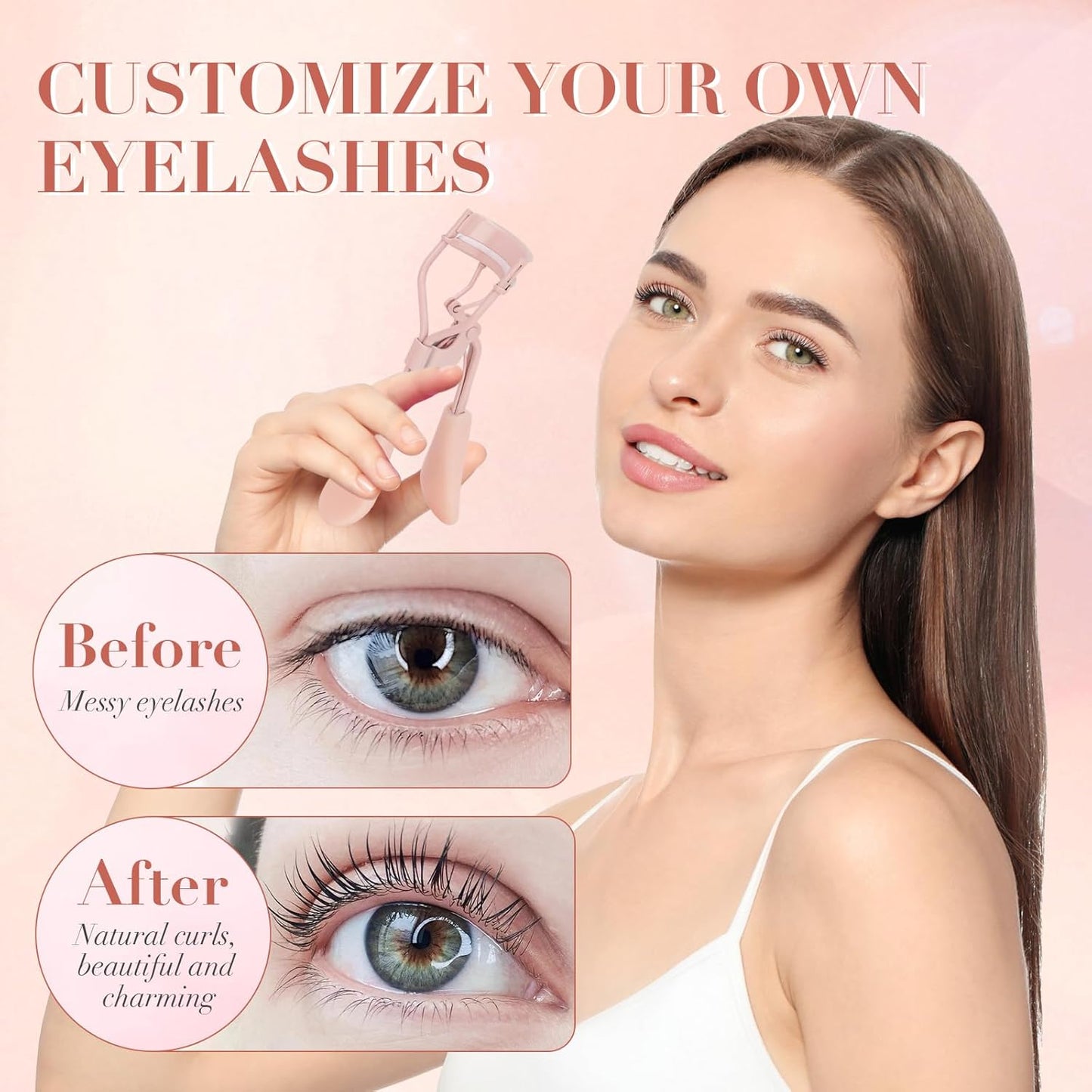 Eyelash Curler with Pads, Lash Curler with 10 Extra Silicone Replacement Pads, Comfortable Grip for Effortless Curling – Eyelashes for The Perfect Eye Contour (Rose Pink)