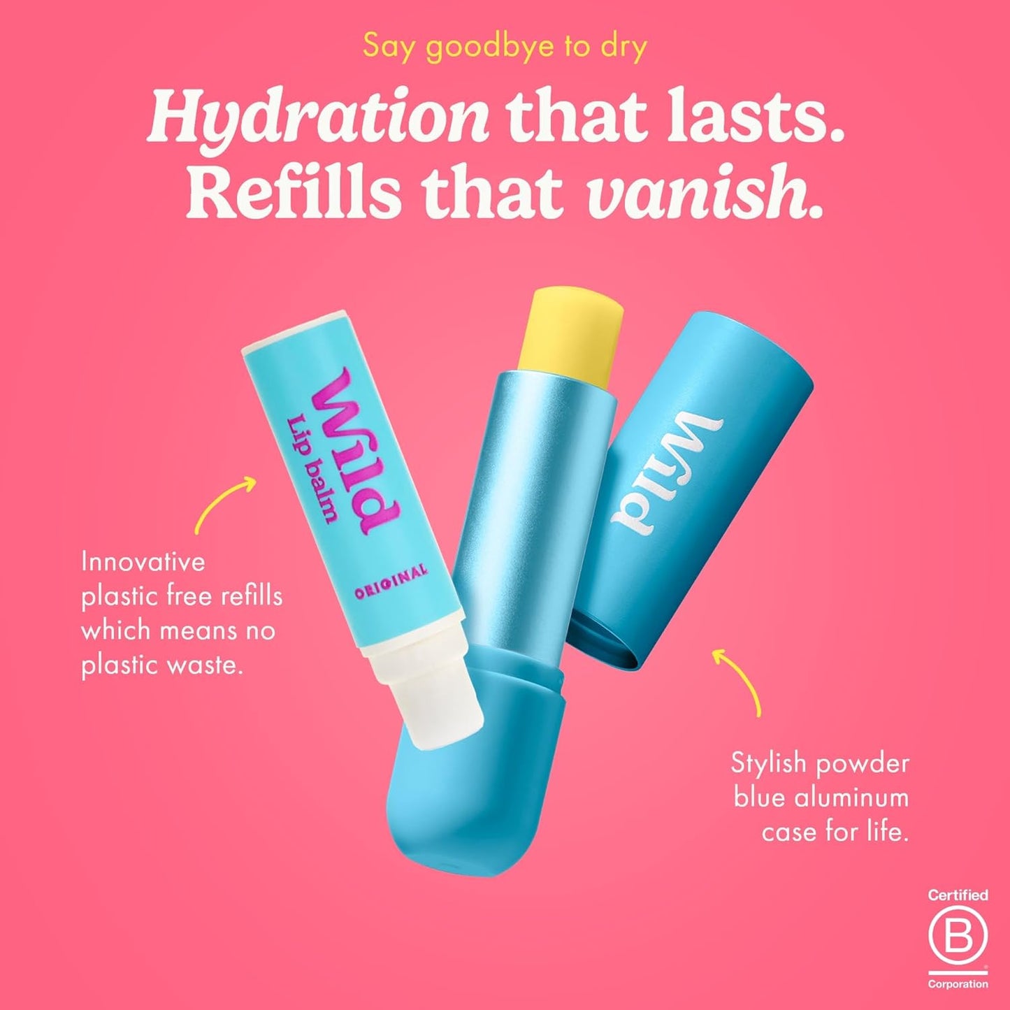 Wild Refillable Lip Balm Starter Kit - Includes Blue Aluminum Case & 3 Pack Lip Balm Refills in a Variety of Scents - Includes Coconut & Vanilla, Passionfruit Swirl & Watermelon Flavors