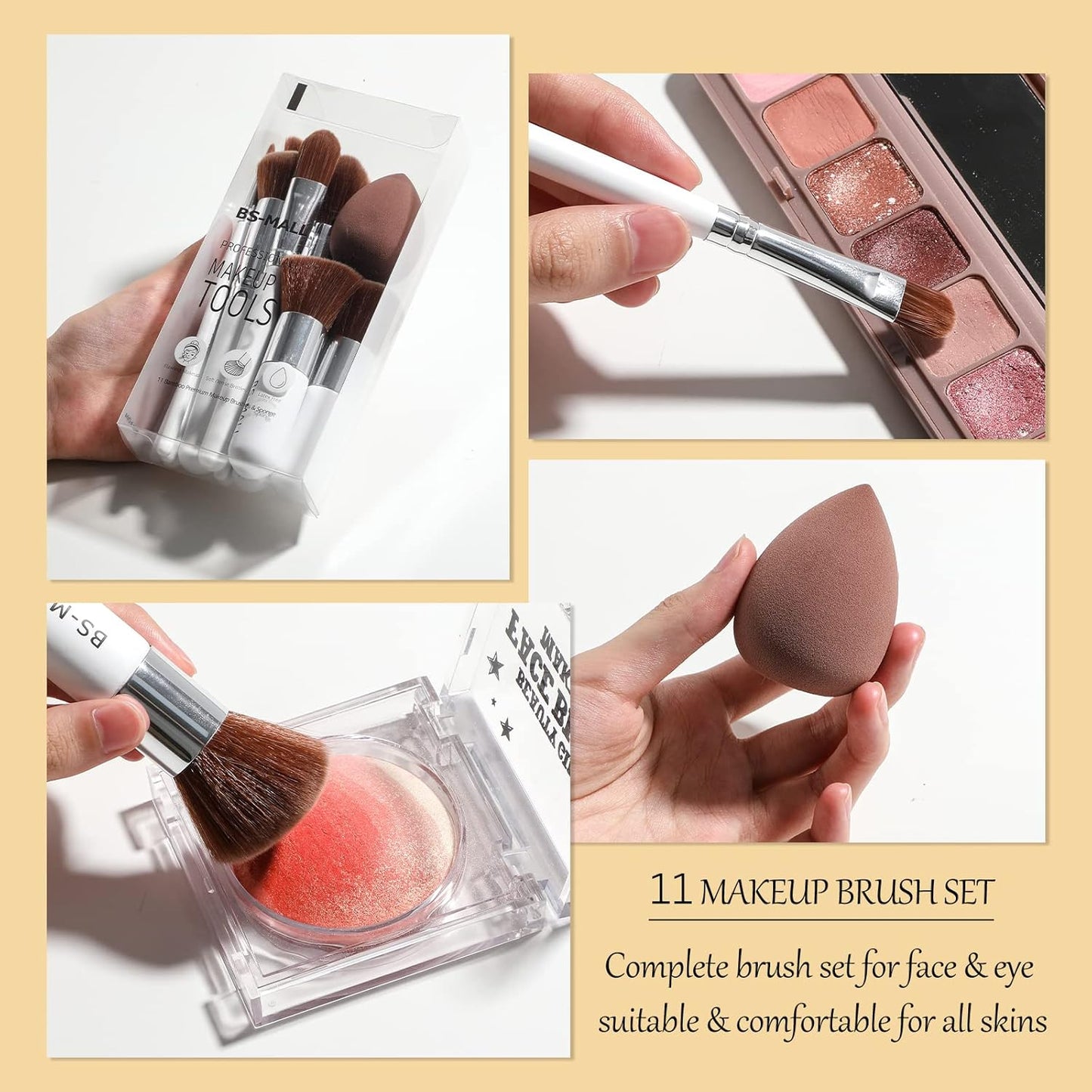 BS-MALL Makeup Brush Set 11Pcs Bamboo Synthetic Kabuki Brush Set Foundation Powder Blending Concealer Eye shadows Blush Cosmetics Brushes with Organizer Bag & Makeup Sponge (White)