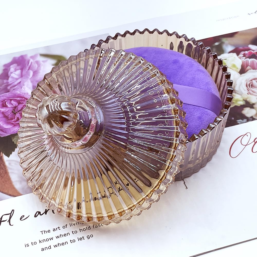 2 Pack Extra Large 5.2" Beige & Purple Powder Puffs and 5.3" Glass Container – Oversized Soft Body & Face Large Powder Puff Dusting Powder Jar Holder Case(Amber Glass)