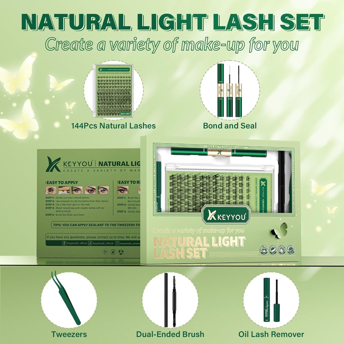 KEYYOU Natural Lash Clusters Kit 144Pcs DIY Lash Extension Kit Wispy Eyelash Extensions Kit D Curl 8-18MIX with Bond and Seal and tweezers with Thin Lash Band(KIT-N01-D-8-18MIX)