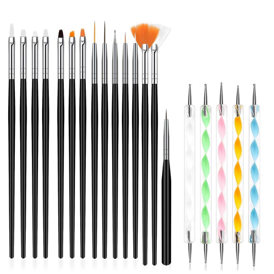 20Pcs Nail Art Brushes Tool Set, Nail Art Double-End Tools, Nail Liner Brushes, Silicone Pen Dotting Pen Tools Nail Art Kit for Home Nail Art DIY Salon Use-Black