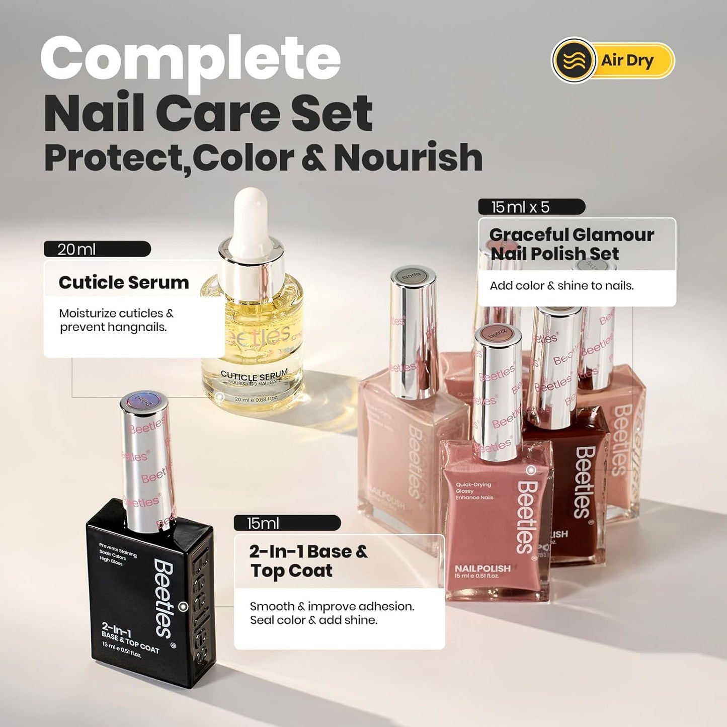 Beetles Nude Nail Polish Set 7Pcs: Fast Drying & Long Lasting Neutral Beige Brown Nail Polish with 2 IN 1 Base & Top Coat and Cuticle Serum, All-in-One Care Nails Gift Sets