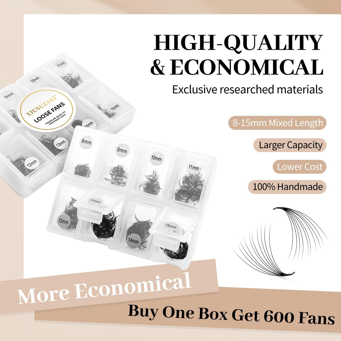 Premade Fans Eyelash Extensions 600 Fans 10D Volume Lash Extensions 0.05 Thickness Eyelash Extension C Curl Premade Lash Fans Mix 8-15mm Fluffy Soft Handmade Loose Fan(600Fans-10D-0.05-C,8-15mm)