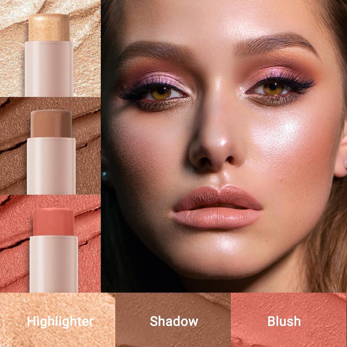 3pcs Face Contour Stick, Highlighter Stick Blush Stick Cream Contour Kit Makeup Set with Brush, Contouring Stick for Fair Skin, Concealer Stick Makeup Gift for Beginner Women Teen Girls