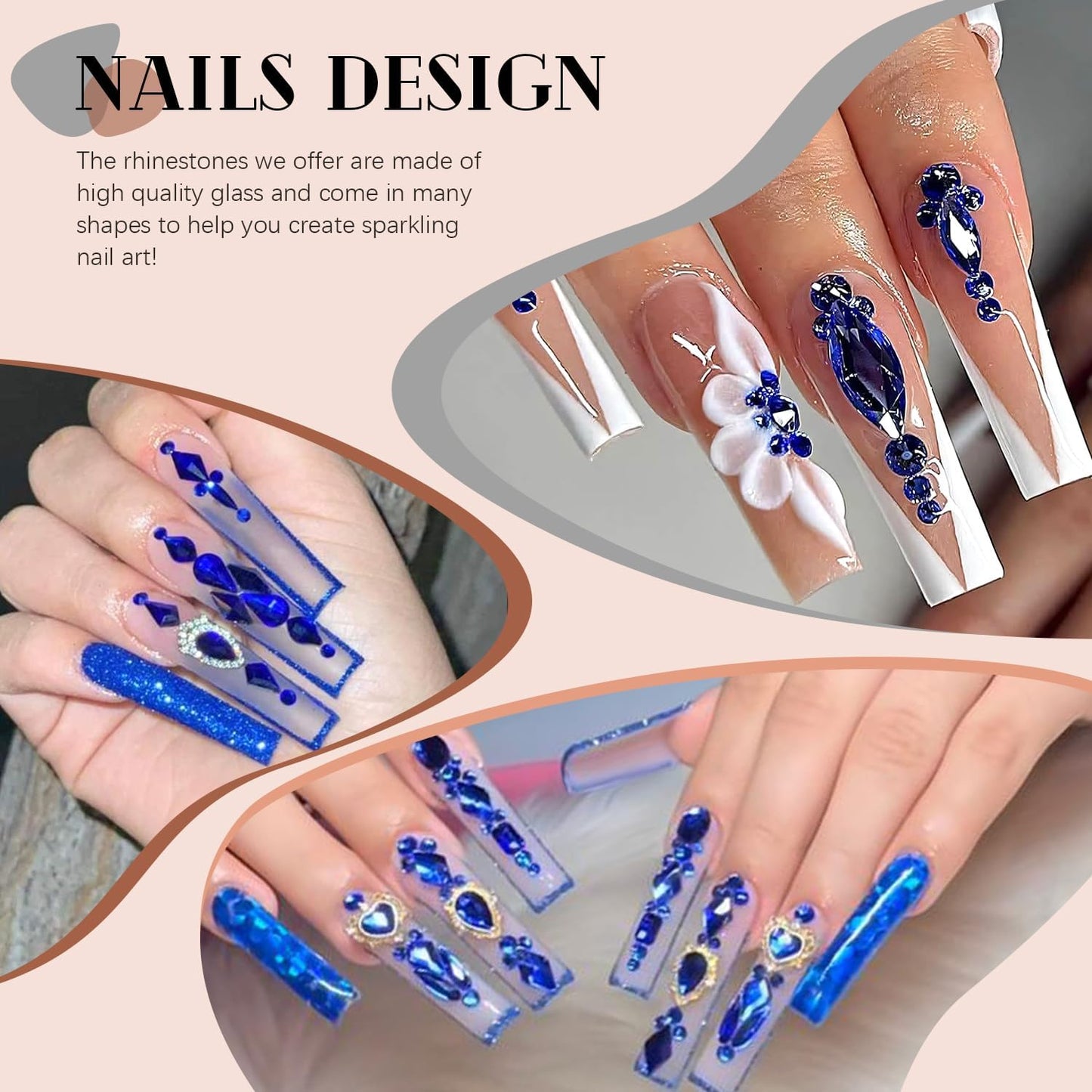 2060Pcs Royal Blue Glass Nail Rhinestones 60Pcs Multi Shapes Flatback Nail Gems + 2000Pcs 1.5-4mm Round Crystal, Manicure Nail Charms Diamond Gemstones for Acrylic Nails Decoration