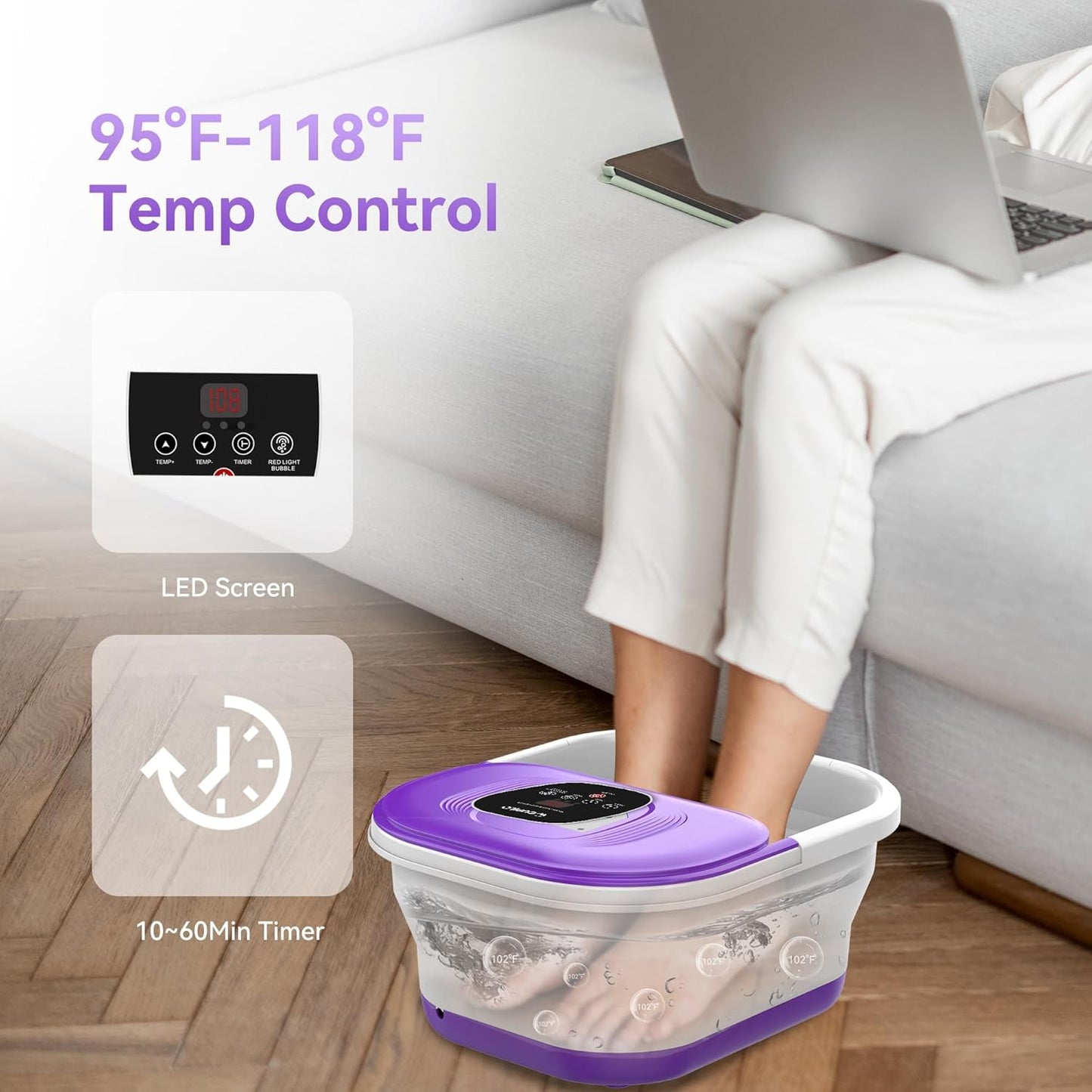 Foot Spa Bath Massager with Heat, Collapsible Foot Massager Spa Soaking Tub with Bubble, Pedicure Foot Spa for Relaxation, Gifts(Purple)