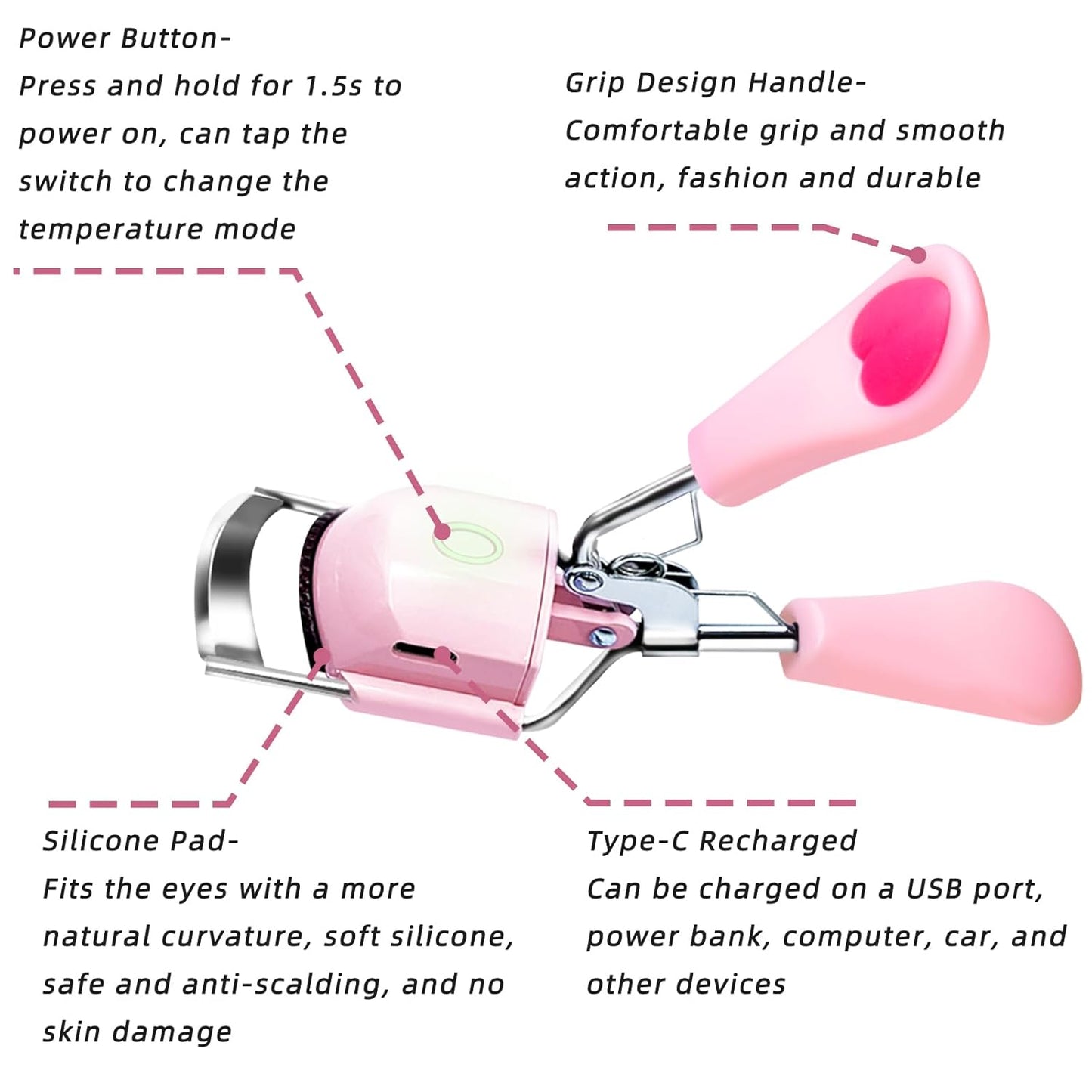Pinkiou Heated Eyelash Curler for Women USB Rechargeable Lash Curler Long Lasting Ironing Electric Eyelash Curler with Silcone Pad Replacable Great Makeup Tools for Her
