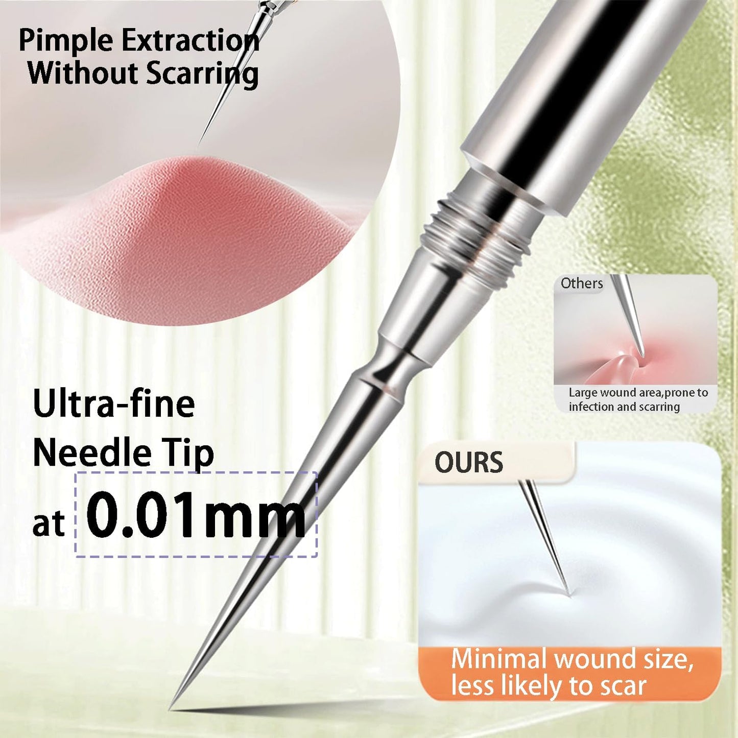 2-in-1 Professional Stainless Steel Acne Removal Needle, Whitehead & Blackhead Remover Tool, Pimples Comedone Extractor Removal Tool, Double Ended Needle with Cap Removal for Nose Face Tools(Green)