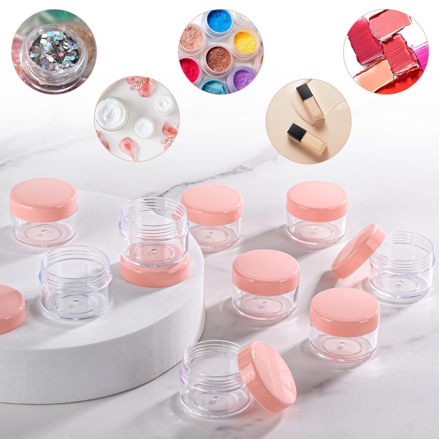 Refillable Cosmetic Sample Jars - 100 Pack 15g (0.5oz) Pink Small Travel Containers with Lids + 10 Mini Makeup Spatulas - BPA Free