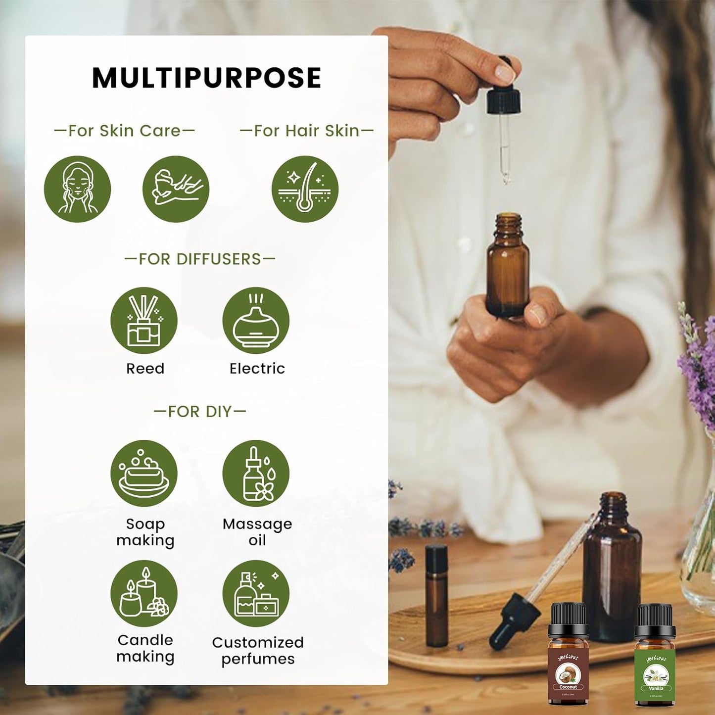 yethious Vanilla Coconut Essential Oil Set Coconut Oil Organic Vanilla Essential Oils for Soap Making, Diffuser, Skin Hair Care - 2 x 10ML