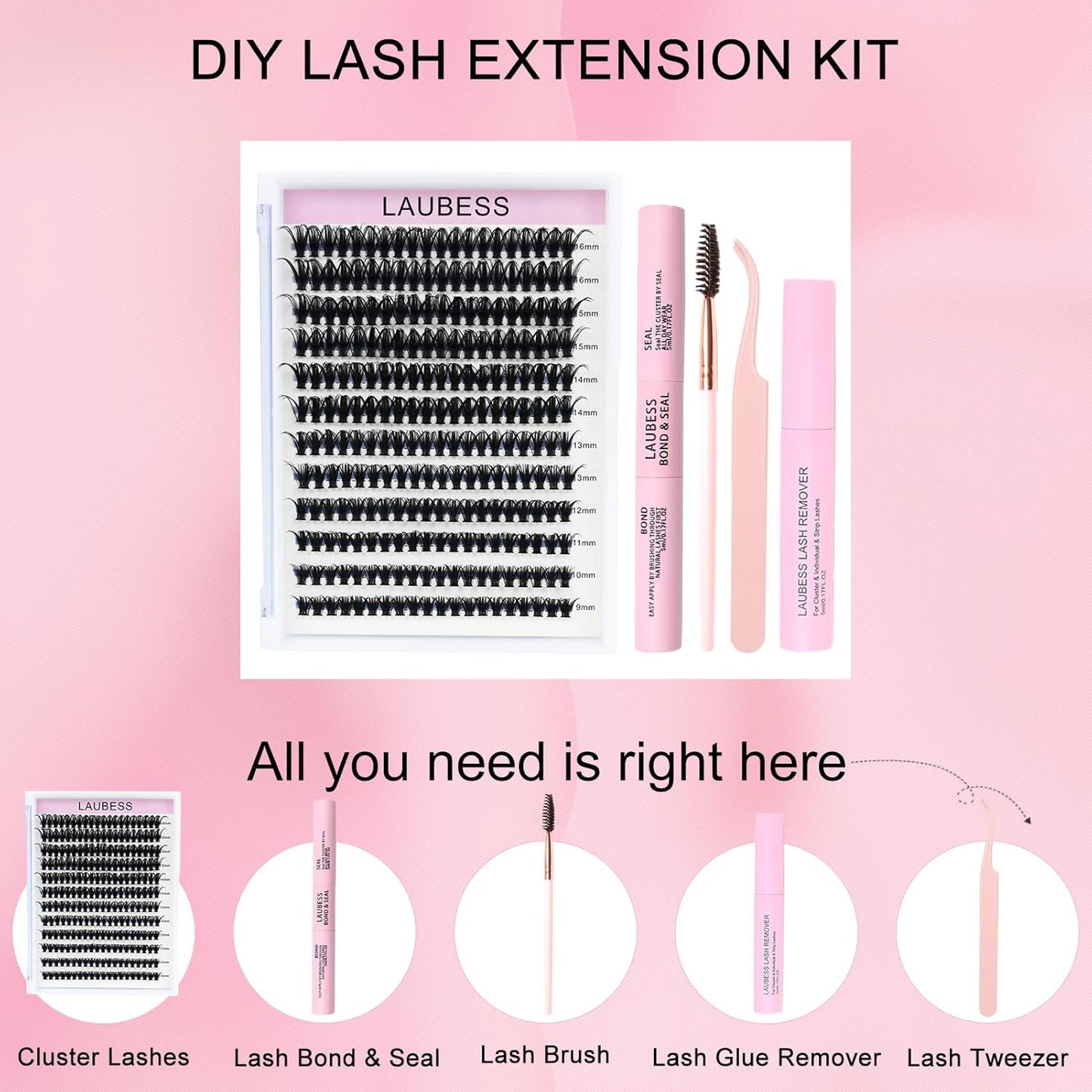 Lash Clusters Kit LAUBESS DIY Lash Extension Kit Lash Bond and Seal Waterproof Lash Glue Remover Tweezers Brush Cluster Eyelash Extensions Kit Eyelash Clusters (Kit 50D-C-Mix14-18)