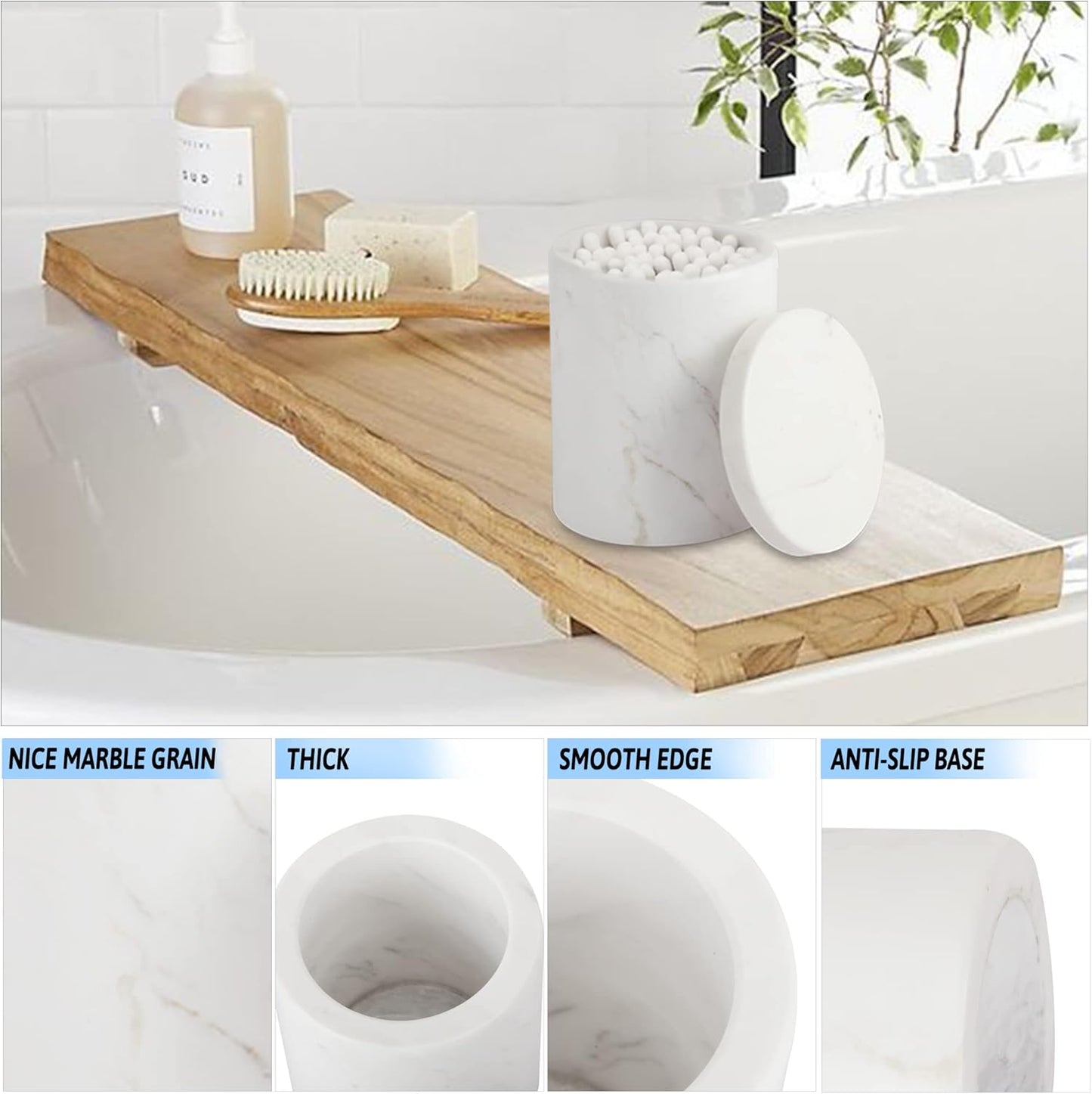 WORHE Marble Canister with Lid Natural Qtip Holder for Cotton Swabs, Balls, Pads, Floss Picks, Bath Salts - Vanity Makeup Storage Organizer Bathroom Essentials Accessories Decor White (DL011)